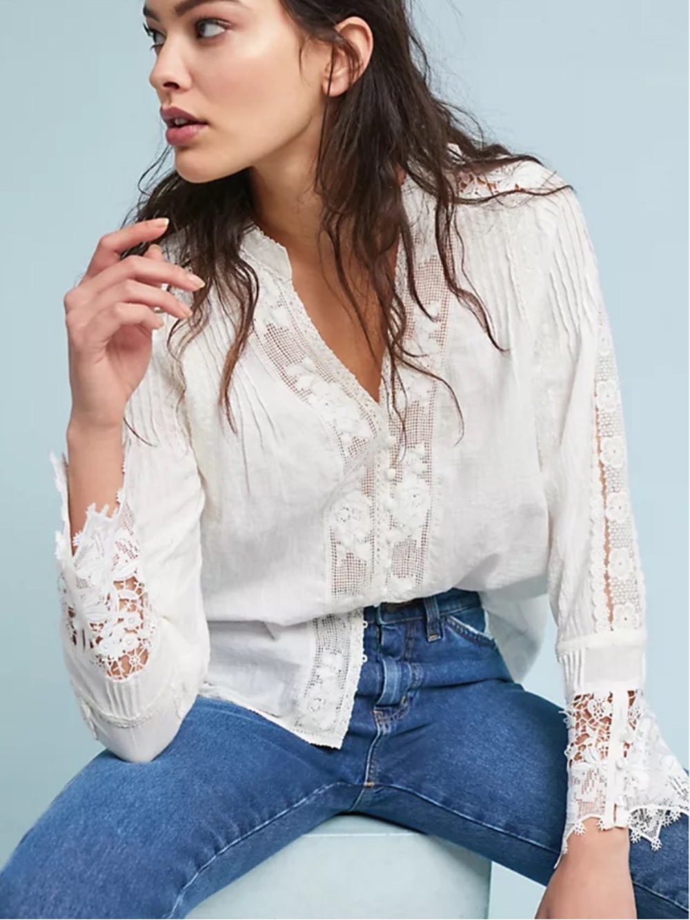 Eri + Ali White Lace-Trim Cotton Boho Button Down Blouse Size Large